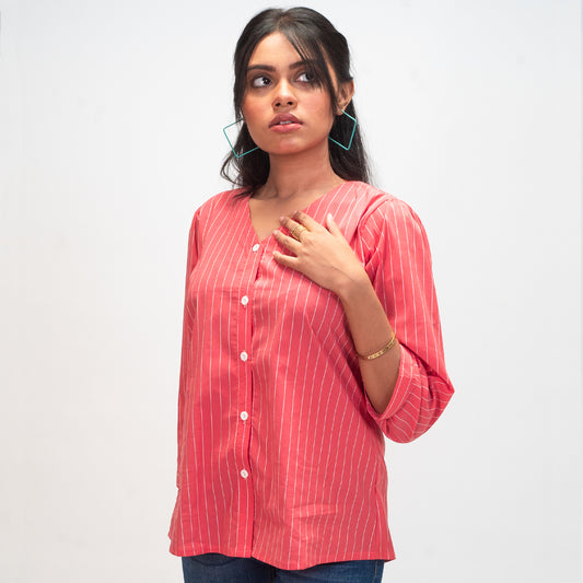 Coral pink pinstripe blouse with V-neckline and button front
