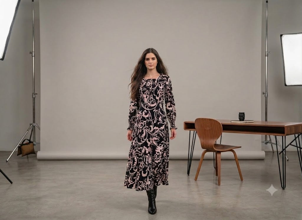 Black and blush baroque floral print midi dress with long sleeves