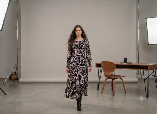 Black and blush baroque floral print midi dress with long sleeves