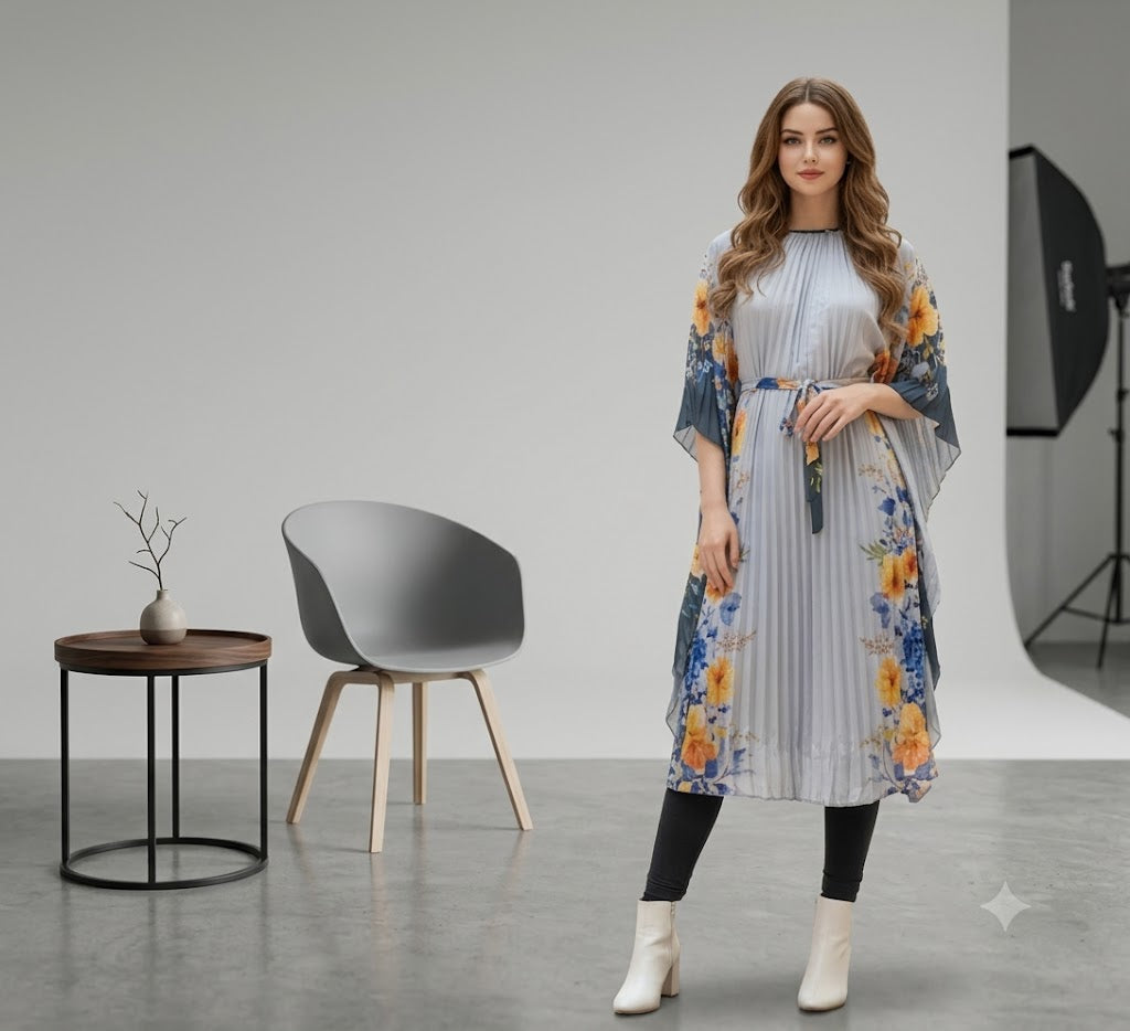 Grey pleated kaftan tunic with blue and yellow floral kimono sleeves