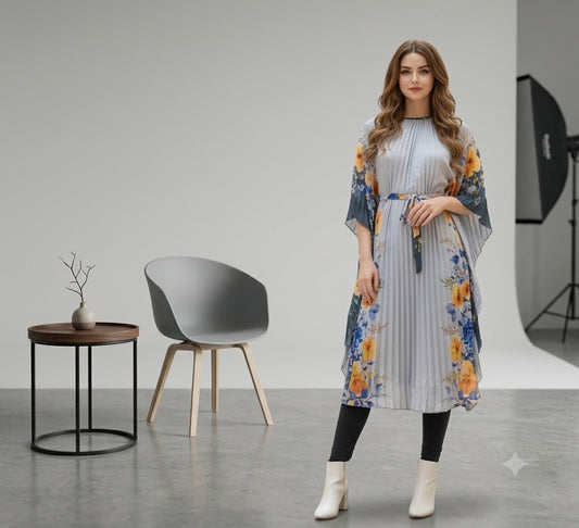 Grey pleated kaftan tunic with blue and yellow floral kimono sleeves