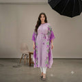 Blush pink pleated kaftan tunic with coral and blue floral kimono sleeves