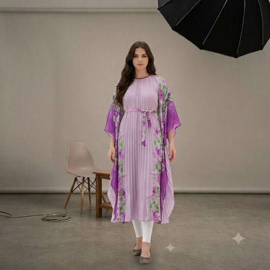 Blush pink pleated kaftan tunic with coral and blue floral kimono sleeves