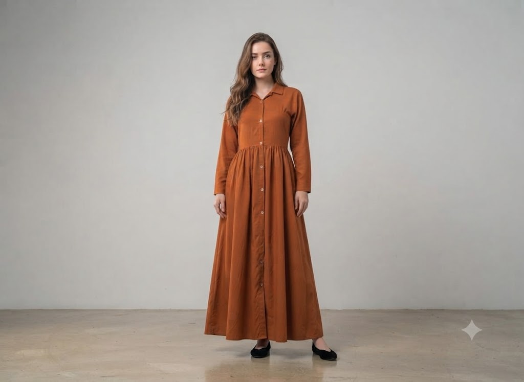 Rust orange collared button-front maxi shirt dress