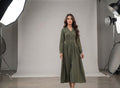 Olive green collared button-front midi shirt dress