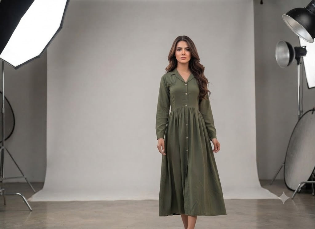 Olive green collared button-front midi shirt dress