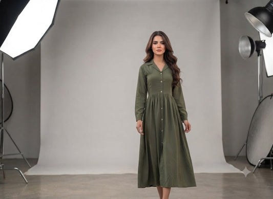 Olive green collared button-front midi shirt dress