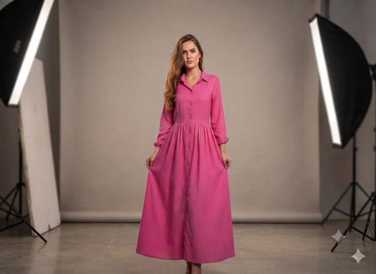 Magenta pink collared button-front maxi shirt dress