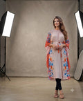Lilac pleated kaftan tunic with purple floral kimono sleeves