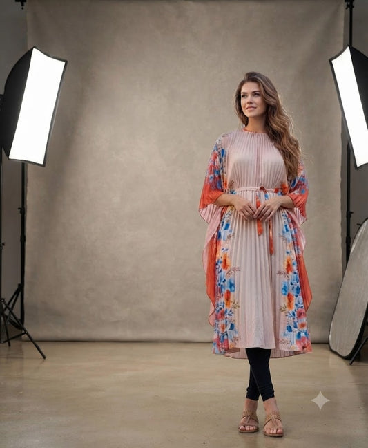 Lilac pleated kaftan tunic with purple floral kimono sleeves