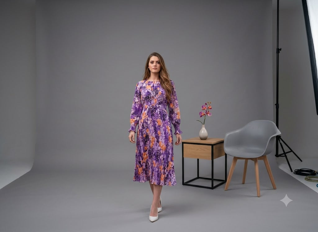 Lilac and amber watercolor floral midi dress with long sleeves