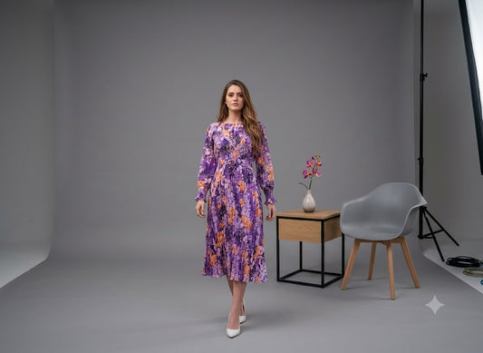 Lilac and amber watercolor floral midi dress with long sleeves