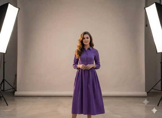 Violet collared button-front midi shirt dress