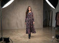 Retro dot print midi dress in rust, mustard, navy and cream