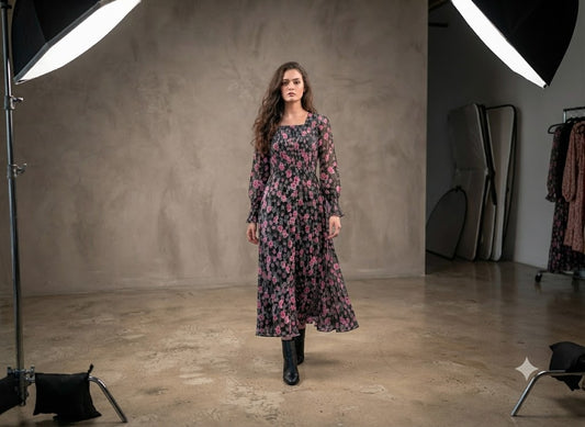 Retro dot print midi dress in rust, mustard, navy and cream