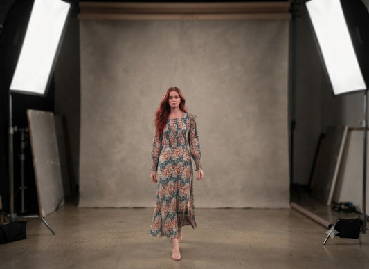 Teal and rust paisley floral maxi dress with long sleeves