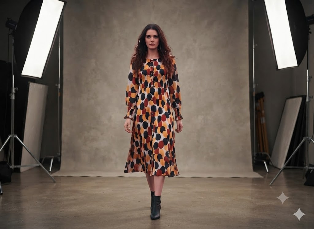 Amber and black botanical print midi dress with bishop sleeves