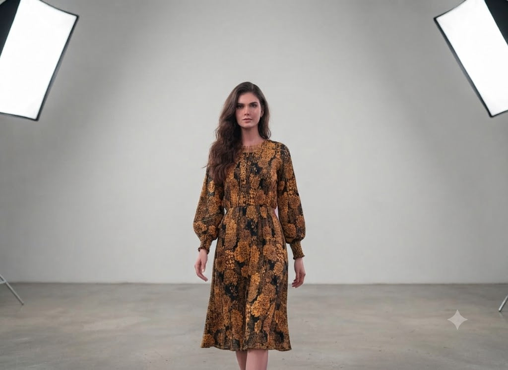 Black midi dress with mauve pink floral print and square neckline