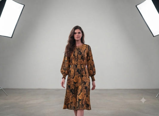Black midi dress with mauve pink floral print and square neckline